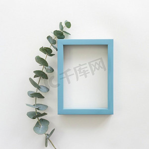 水彩花卉框架摄影照片_绿叶蓝色边框空空白框架白色背景