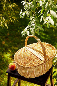 休闲和对象概念—野餐篮和桃子在凳子上的特写在夏季花园。关闭野餐篮在凳子在花园
