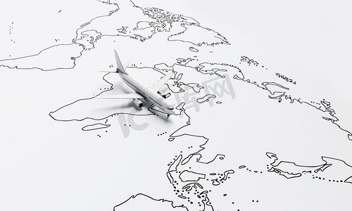 飞机在世界旅行背景的白皮书地图之上飞行。旅行和旅行的概念。3D插图渲染