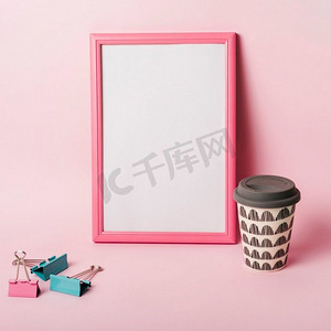 多彩相框摄影照片_白色相框与边界回形针咖啡一次性杯反对粉红色背景