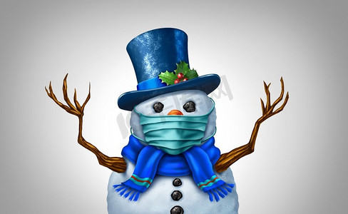 雪人戴着面罩概念作为冬季雪人假日季节的象征,作为健康和医疗保健