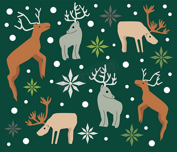 圣诞节样式背景的例证与驯鹿和雪花。无缝图形。