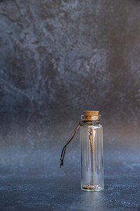 浪漫复古玻璃祝福瓶，瓶内有吉祥物，瓶盖有软木塞，背景仿古