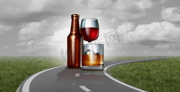 饮酒驾驶摄影照片_酒后驾驶和饮酒在高速公路上的影响下作为一条道路与酒精饮料作为啤酒葡萄酒和威士忌作为3D例证。