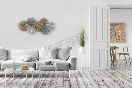 斯堪的纳维亚风格客厅现代室内设计与灰色沙发，公寓与白色墙壁，和门，家设计3d渲染