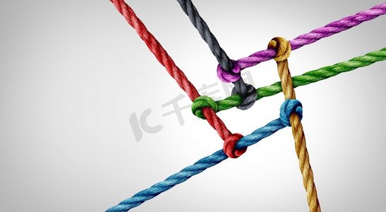 团队业务支持或团结和团队合作理念作为一组不同的绳索在力量和团结中