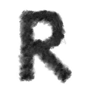 字母R由黑色的云或烟雾在白色背景与复制空间，不渲染。字母R由黑色的云在白色背景。
