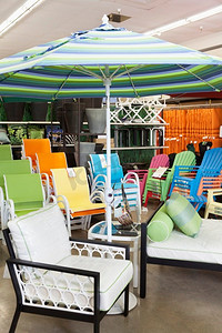 座椅家具和庭院伞出售在花园家具店
