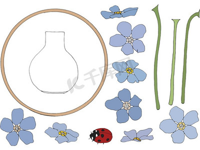 汇编紫罗兰花，瓢虫，锅和圆形状为DIY或拼贴画项目—在白色背景隔绝的元素