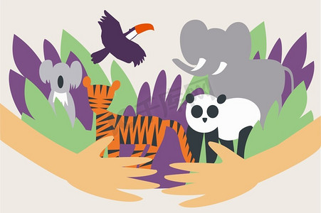 绿色拥抱摄影照片_手拥抱和保护野生动物免于灭绝的插图—全球动物和环境保护—素食主义