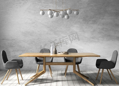 现代餐厅的室内设计，木桌和黑色椅子与灰色粉刷墙的3D渲染