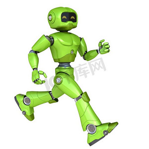 奔跑机器人摄影照片_白色上孤立运行的绿色机器人。3D插图。奔跑的绿色机器人