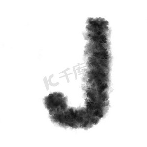 字体空间摄影照片_字母J从黑色的云或烟雾在白色背景与复制空间，不渲染。字母J由黑色的云在白色背景。