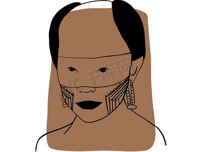 脸的轮廓摄影照片_手绘一名部落男子的轮廓肖像，样本颜色为棕色。不同的人和肤色的抽象集合。多样性概念