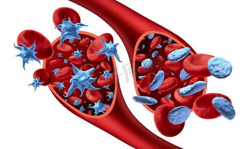 血液和血小板解剖学概念中的血小板和非活化血小板作为3D渲染在动脉或静脉中流动的活化血小板。