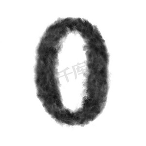 字母O从黑色的云或烟雾在白色背景与复制空间，不渲染。字母O由黑色的云在白色背景。