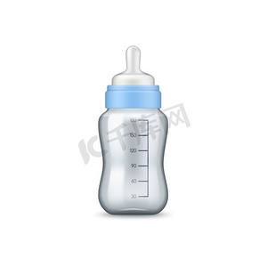 婴儿与奶瓶摄影照片_奶瓶中的母乳与计量秤隔离。载体新生儿营养食品。母乳喂养，带奶嘴的婴儿奶瓶