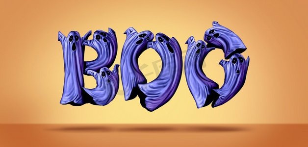 由可爱的万圣节飞行紫色鬼和可怕的鬼在一个橙色背景的3D例证样式制成的Boo文本。