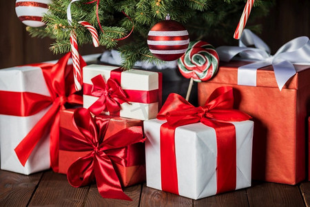 圣诞快乐卡装饰圣诞树礼物和糖果。圣诞快乐卡