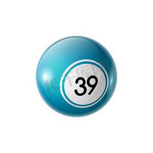 蓝色彩票球宾果号码39孤立的赌博游戏符号。矢量基诺乐透标志。宾果球与39个数字孤立的幸运球