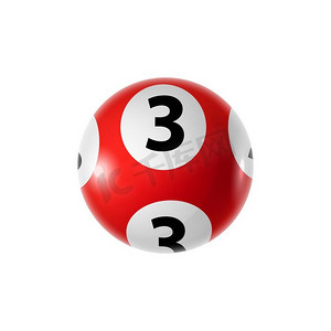 乐透运动球与第三个孤立的红色球体。矢量宾果或基诺彩票标志。红色球体与3号孤立宾果球