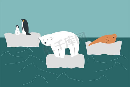 海洋中央融化的冰川上的野生动物,北极熊,企鹅和海豹的插图 — 全球