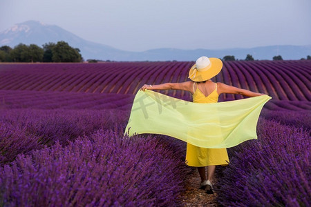 一位身穿黄色连衣裙戴着帽子的年轻亚洲美女在紫花薰衣草田野上放松玩耍