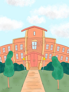 一所学校建筑物和空的前院手绘插图—回到学校
