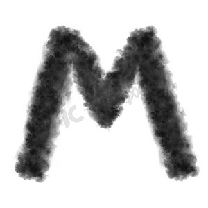 字母M由黑色的云或烟雾在白色背景与复制空间，不渲染。字母M由黑色的云在白色背景。