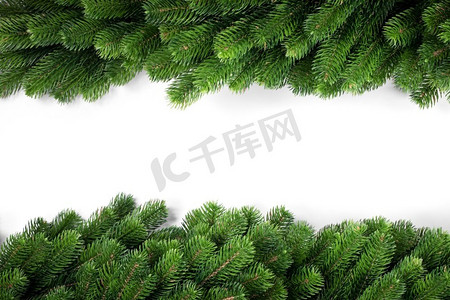 天然冷杉圣诞树边框孤立在白色，复制文本空间。冷杉树枝框架在白色