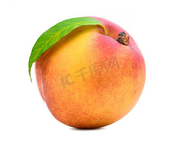 黄色底背景摄影照片_分离出来的新鲜桃子。有机油桃或桃子，白底绿叶。用剪裁路径裁剪。鲜桃子白面分离