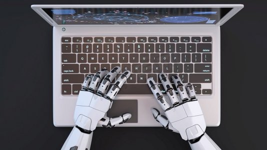 机器人的手在笔记本电脑上打字。’ 3D插图。机器人的手在笔记本电脑上打字’