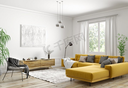 餐具柜摄影照片_斯堪的纳维亚公寓，客厅与黄色沙发，餐具柜和黑色扶手椅3d渲染的现代室内设计