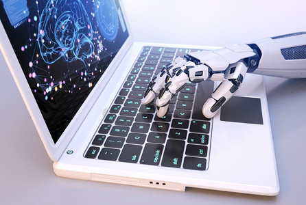 键盘拟人摄影照片_机器人&S手在键盘上打字。3D插图。机器人&S手在键盘上打字