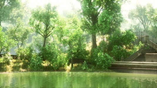 阳光下郁郁葱葱的绿色林地公园环绕着宁静的池塘