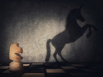 国际象棋骑士摄影照片_ 独角兽，影子，概念，国际象棋