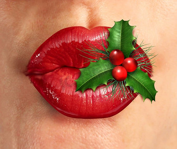 圣诞爱情是一种节日时尚和冬季美丽的庆祝活动，丰满的红色嘴唇咬着带有3D渲染元素的节日冬青。