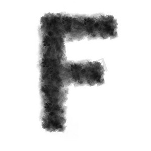烟雾渲染摄影照片_字母F由白色背景上的黑云或烟雾制成，带有复制空间，而不是渲染。字母F由白色背景上的黑云组成。