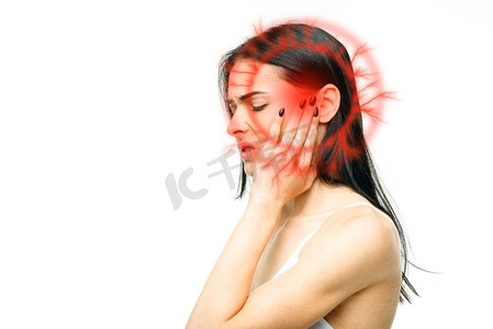 头痛摄影照片_头痛，妇女与寺庙疼痛隔绝在白色背景.内衣、医疗广告或概念中的女性