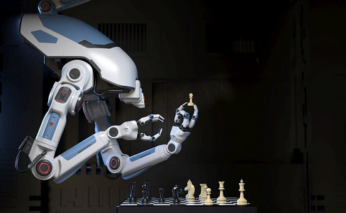 科幻工业机器人与自己下棋。3D插图。机器人在下棋