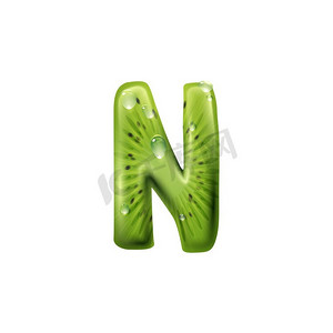 绿色猕猴桃食品字母N孤立ABC部分。矢量异国情调的夏天字母符号。字母N猕猴桃食物字母标志孤立ABC字体