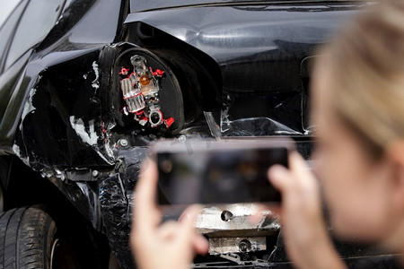 女司机在手机上拍车祸后受损车拍照进行保险理赔