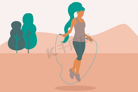 一个女人在公园跳绳的插图。健身和健康