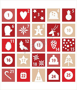 日历倒计时摄影照片_插图的降临日历为圣诞倒计时。红色和白色与圣诞符号。 