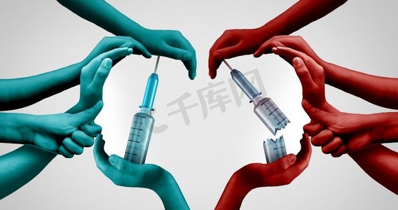 医学伦理摄影照片_反Vaxxer概念和未接种疫苗和接种疫苗的人作为反疫苗或反对采取疫苗与3D插图元素的个人。