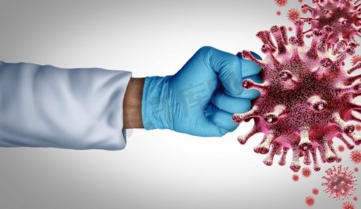 病毒疫苗与流感或冠状病毒医学疾病控制作斗争并支持作为一名医生，他戴着手术手套与一组传染性病原体细胞作斗争，作为研究具有 3D 插图元素的治疗方法的医疗保健隐喻。