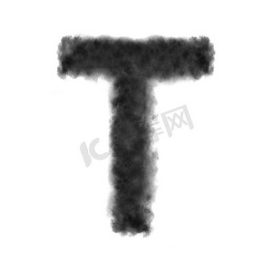 字母T由黑云或烟雾在白色背景上制作，带有复制空间，而不是渲染。字母T由白色背景上的黑云组成。