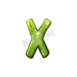 大写字母X的奇异果孤立的食物字母符号。矢量大写X，夏季字体。X字母猕猴桃热带水果与水滴