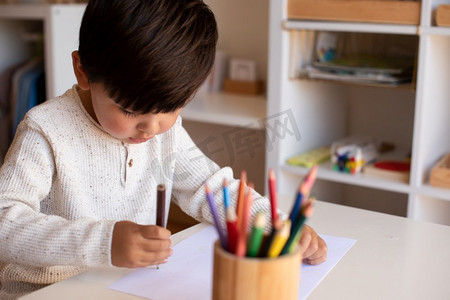 学校社区摄影照片_小学龄前儿童用彩色铅笔画画。在家上学。学习社区。蒙台梭利学校。 
