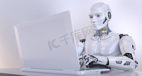 用笔记本电脑工作的机器人。3D插图。使用笔记本电脑的机器人